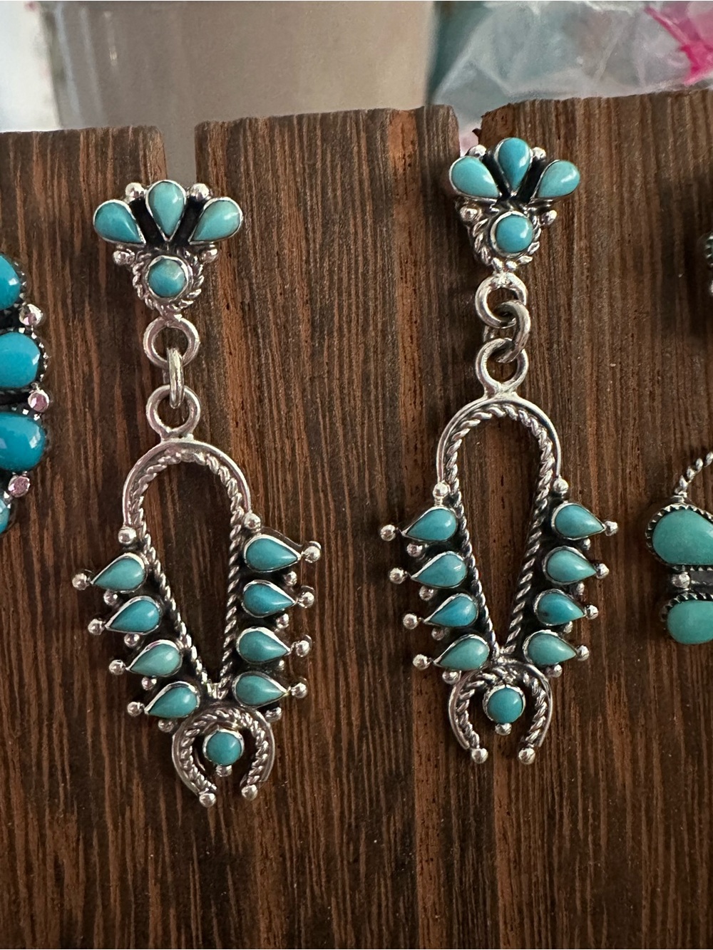 Signed & Stamped Post Dangle Turquoise Squash Blossom Earrings 🩵